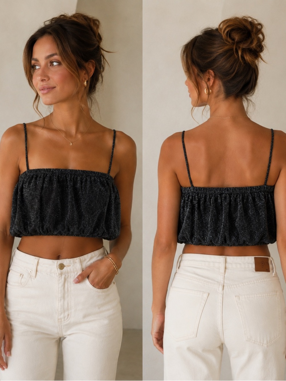 Timing Black & Silver Shimmer Ruched Holiday New Years Cropped Cami
